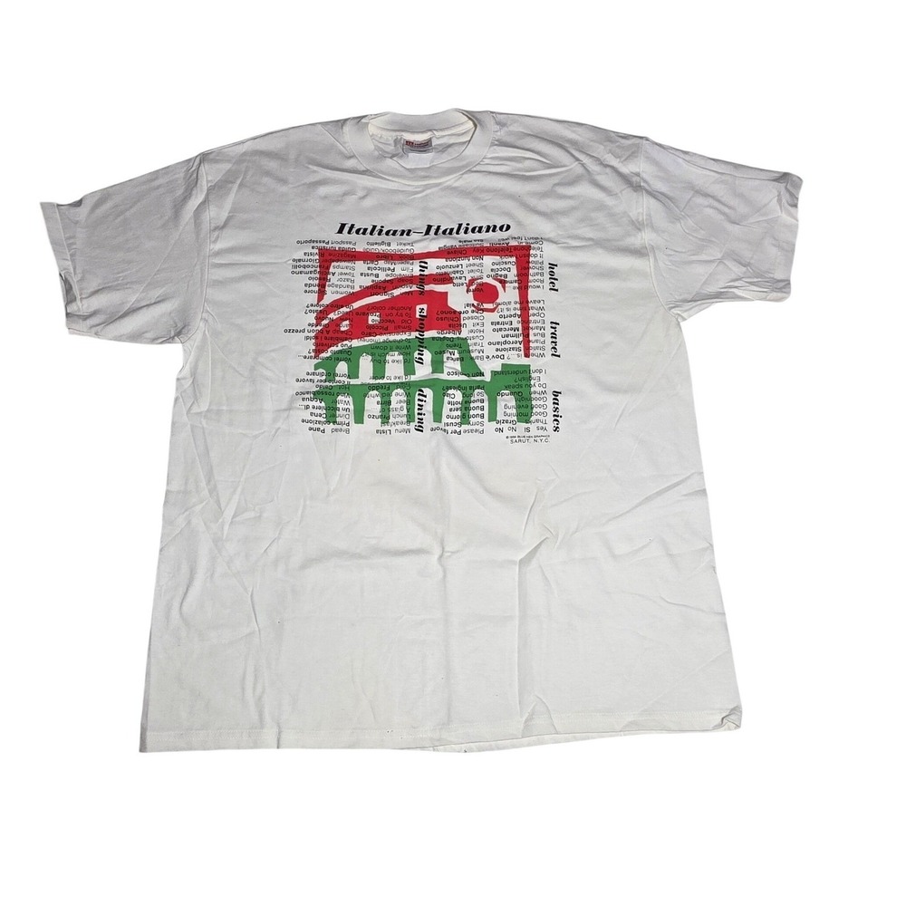 Vintage 1994 Hanes Italian Italiano Language Translation T-Shirt XL White 90s VR